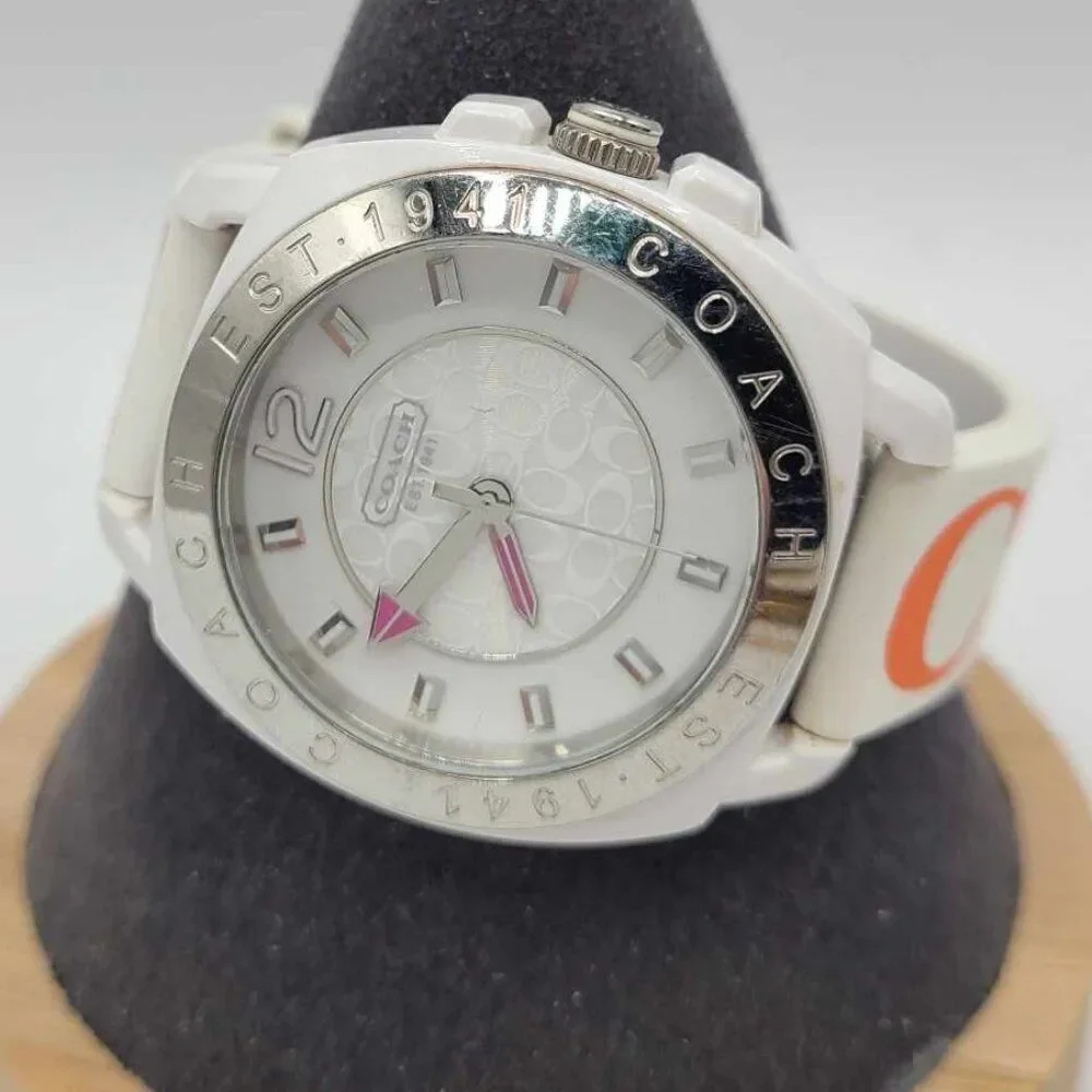 Coach Silver Tone Boyfriend Watch with Logo White Silicone Band NWOT! Working